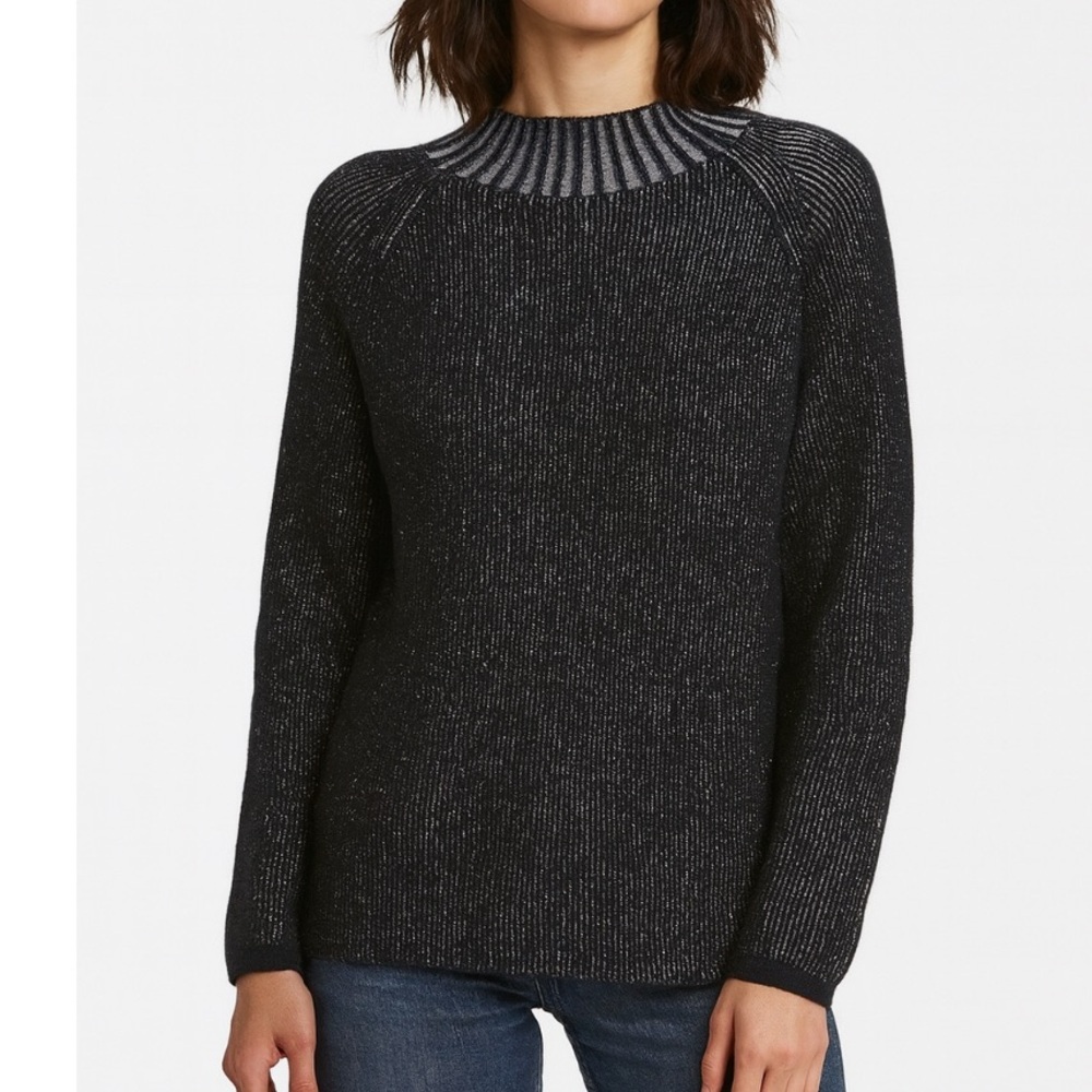 Magaschoni Women's Sweater, Black/Silver Lurex mock neck stretch SZ LG